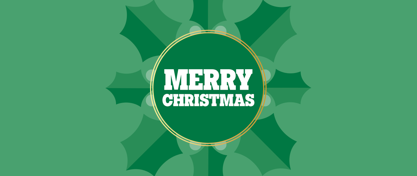 Merry Christmas message in a green circle with gold trim, set against a holly leaf pattern background.