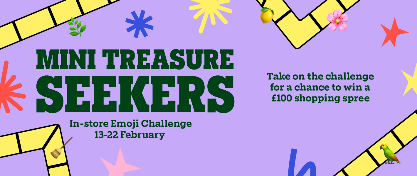 Purple background with a yellow path and colourful emojis promoting Mini Treasure Seekers emoji challenge and a £100 prize offer