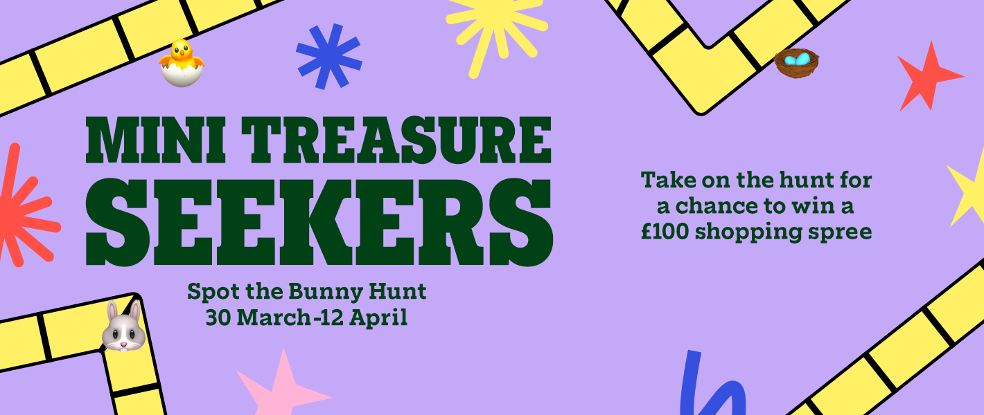 Purple background with a yellow path and colourful emojis promoting Mini Treasure Seekers emoji challenge and a £100 prize offer